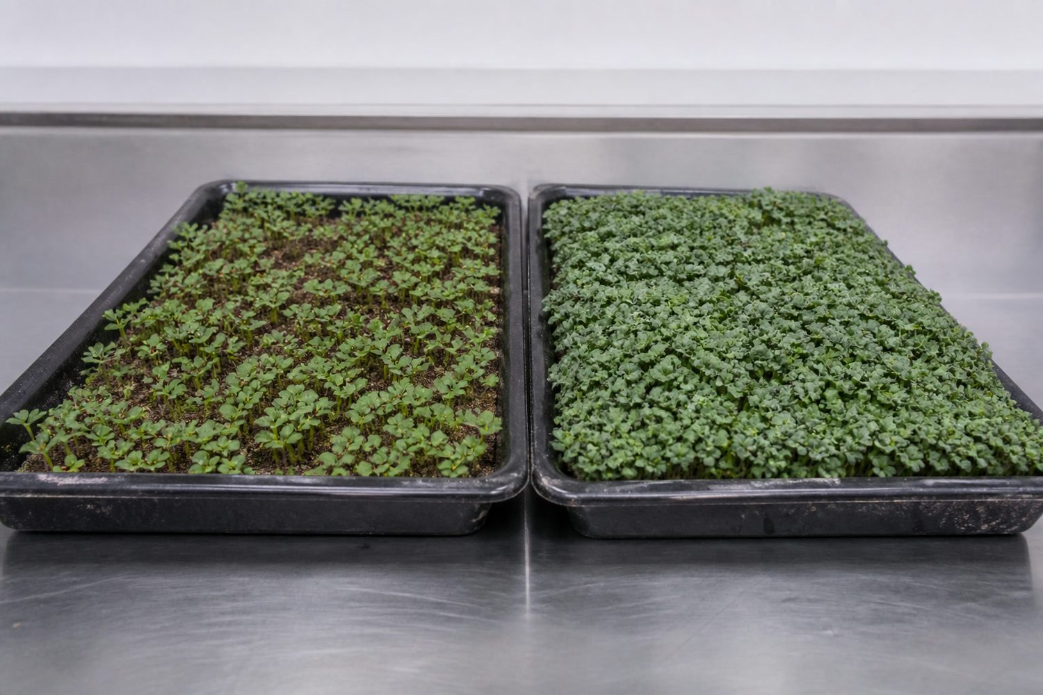 Two 1020 trays side by side at harvest stage photographed at canopy height, a sparse low mint tray on the left with small soft rounded green leaves on short fine stems and visible growing medium between them, and a dense even broccoli tray on the right forming a solid green carpet