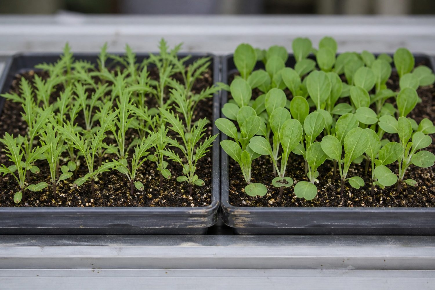 Two 1020 trays photographed side on at canopy height at first true leaf, mizuna on the left showing narrow angular toothed leaves emerging above rounded cotyledons, and pak choi on the right showing smooth rounded spoon-shaped true leaves, both on fine pale stems