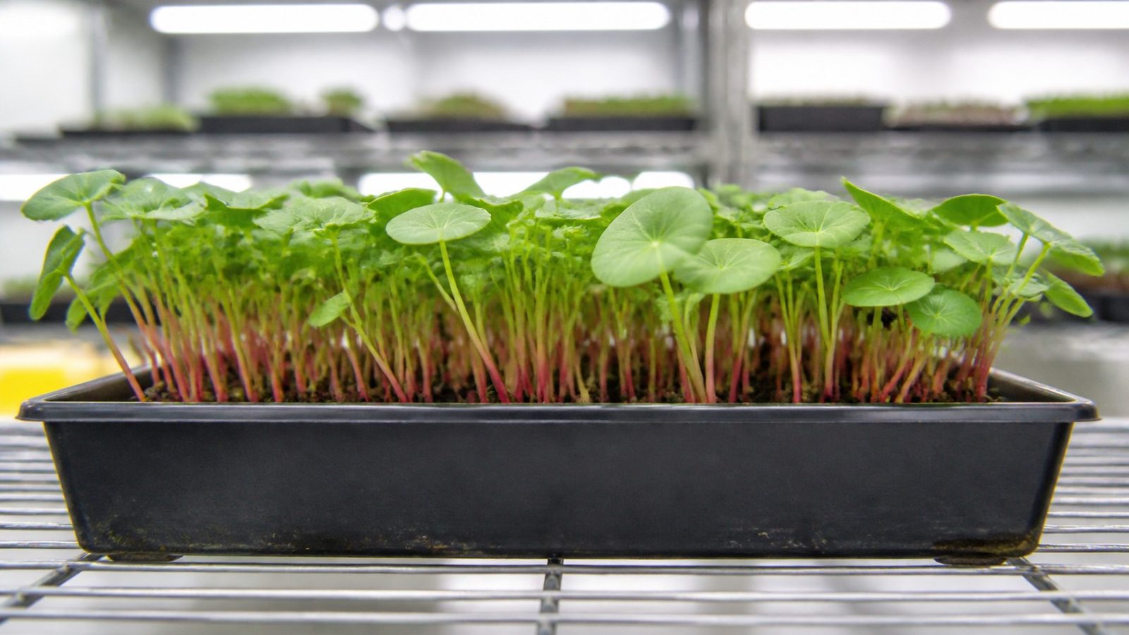 A 1020 tray of nasturtium microgreens at harvest photographed side on at canopy height, showing round shield-shaped leaves with veins radiating from the center carried on substantial stems that are green above and flush to a vivid pink-red lower down toward the medium, individually legible rather than a solid canopy