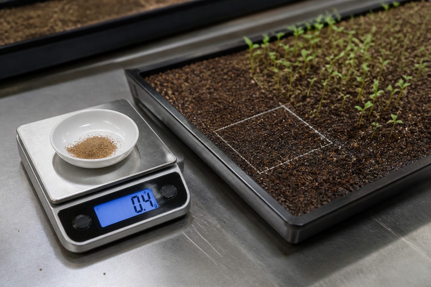 A digital jeweller's scale on a working bench reading 0.4 grams of oregano seed in a shallow dish, the seed appearing as a fine brown dust barely covering the base, beside a marked-out test patch on a levelled tray of growing medium