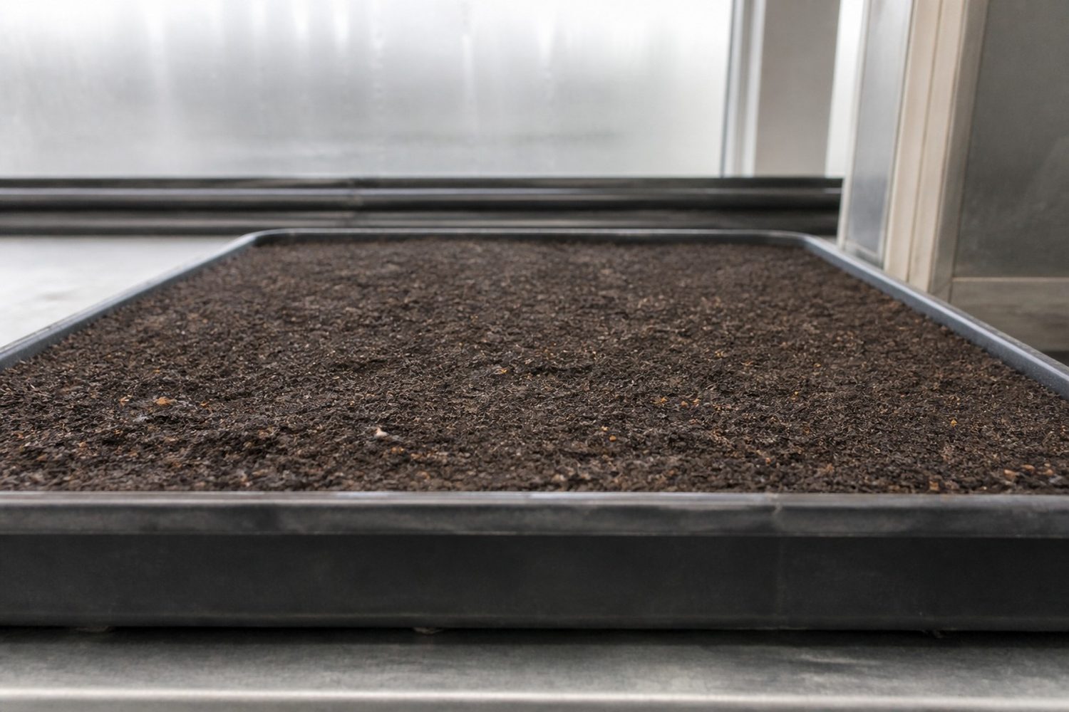 A 1020 tray of dark levelled growing medium photographed side on at surface height on day four after sowing parsley, showing bare medium with no visible seedlings at all and a few brown seed hulls sitting on the surface