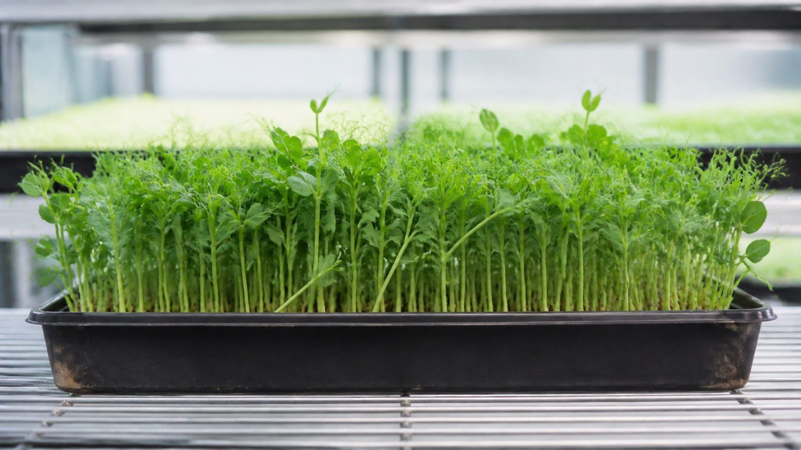 A 1020 tray of pea shoots at harvest photographed side on at canopy height, showing an even upright canopy three to five inches tall of green round leaflets and curling tendrils on stems that are pale to white at the medium and green above, with the medium hidden by rooted plants and no exposed seed layer