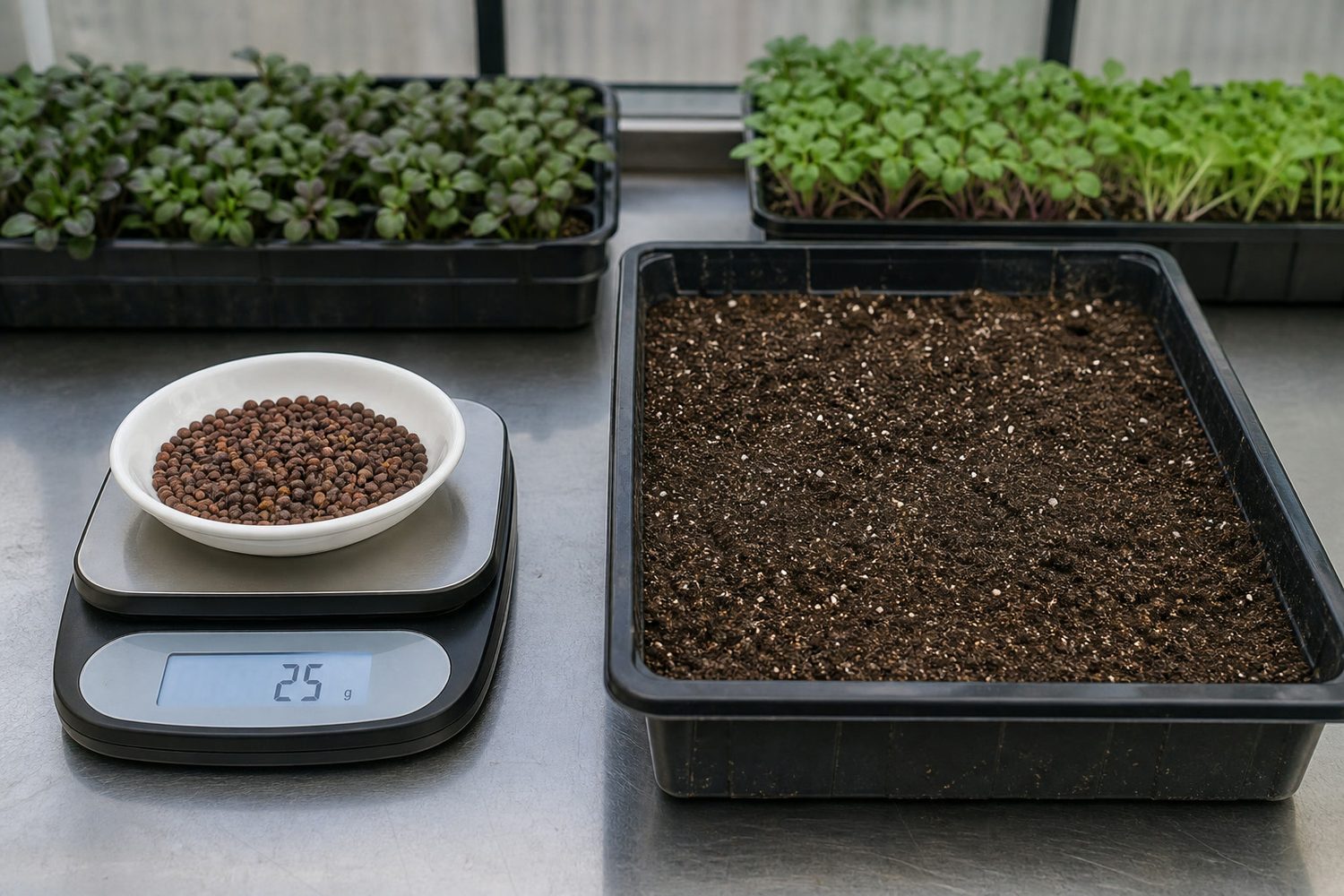 A digital kitchen scale on a working bench reading 25 grams of large round radish seed in a shallow dish, beside an empty 1020 tray of levelled growing medium, with the seed visibly coarser and fewer in number than fine brassica seed