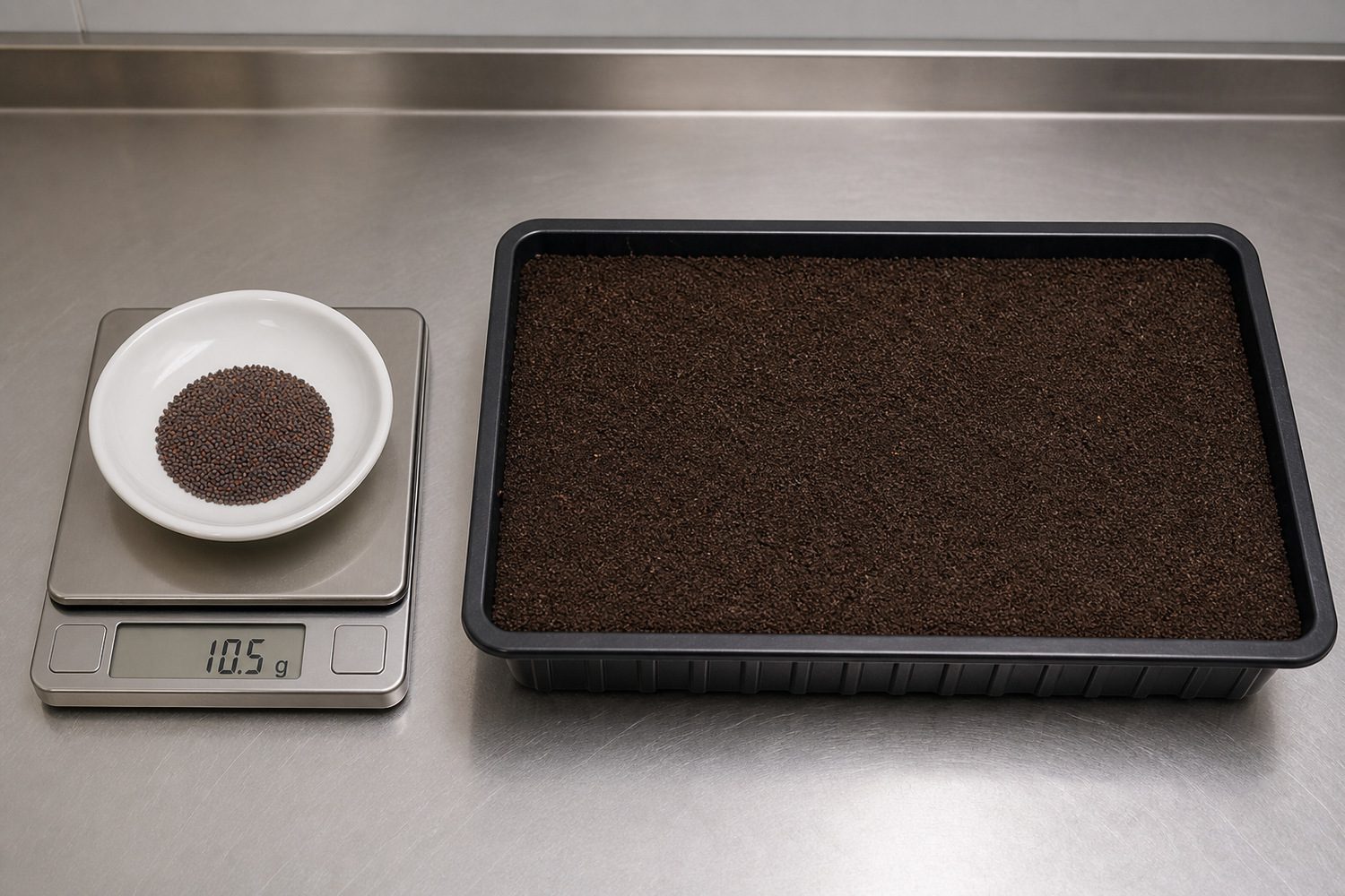 A digital kitchen scale on a working bench reading 10.5 grams of small round cabbage seed in a shallow dish, beside an empty 1020 tray of levelled growing medium