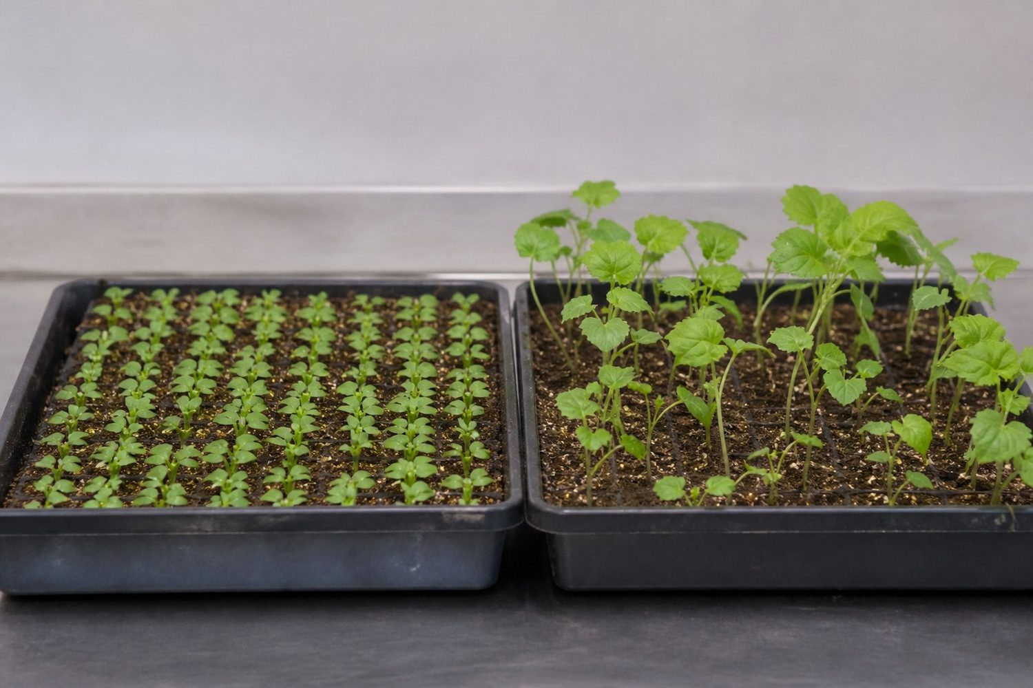 A close comparison of two shiso trays at day sixteen and day twenty-four, the left showing a short even stand at first true leaf and the right showing taller leggy plants with larger darker leaves and visible gaps where seedlings have fallen over