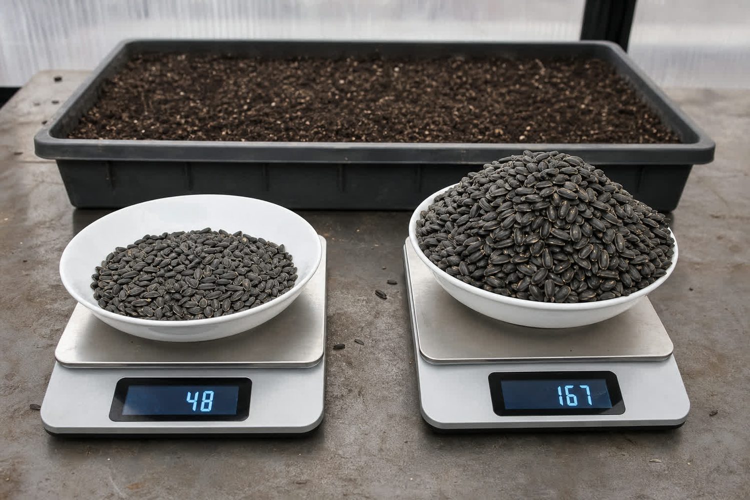 A digital kitchen scale on a working bench with two shallow dishes of black oil sunflower seed side by side, the left dish holding a modest 48 gram portion and the right holding a much larger 167 gram portion, an empty 1020 tray of levelled growing medium behind them