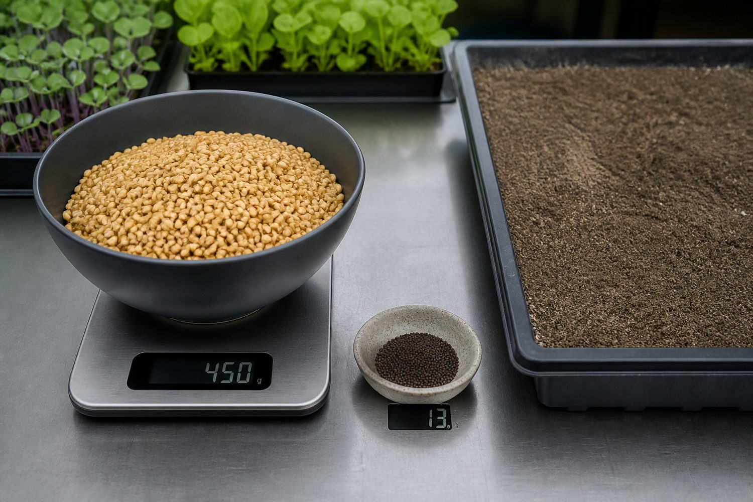 A digital kitchen scale on a working bench holding a deep bowl heaped with 450 grams of soaked wheat kernels, beside a much smaller dish holding 13 grams of fine broccoli seed for scale, with an empty 1020 tray of levelled medium behind them