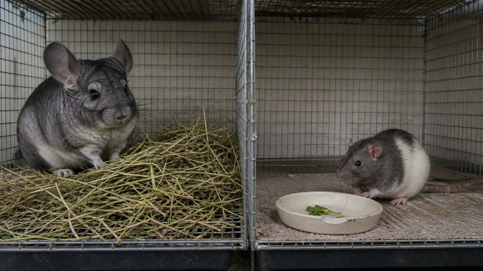 A gray chinchilla beside a pile of loose grass hay in a wire cage and a separate hooded pet rat next to a small ceramic dish holding a few cut green microgreen leaves, photographed at cage height in flat indoor light