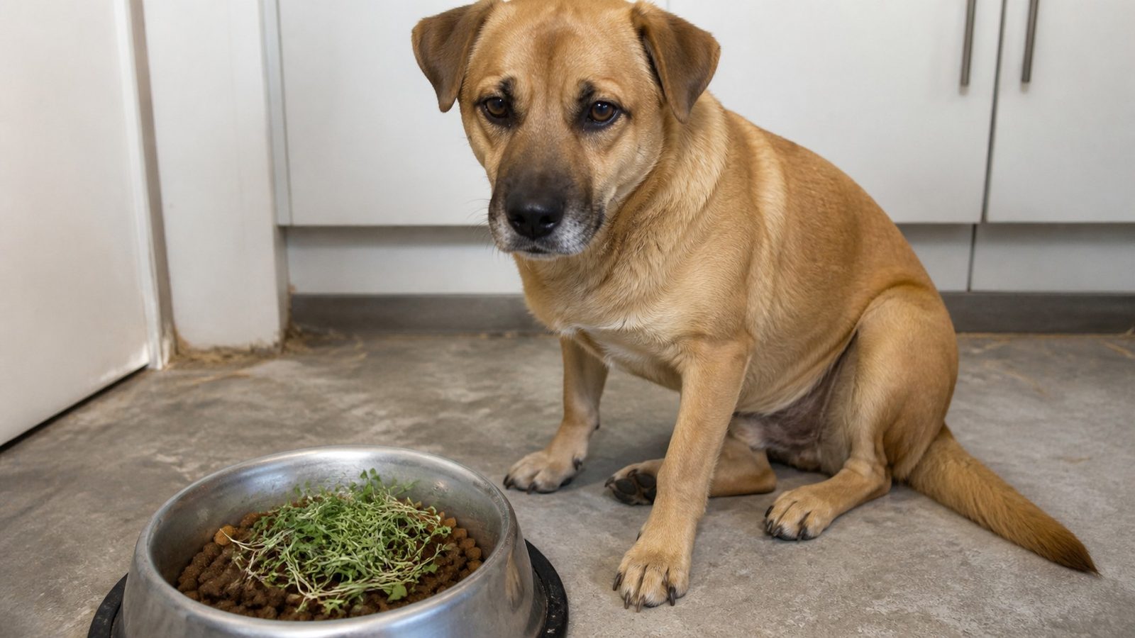 A medium-sized short-haired dog sitting on a kitchen floor beside a food bowl with a scattering of cut green microgreens on top of the kibble, photographed at bowl height in flat daylight
