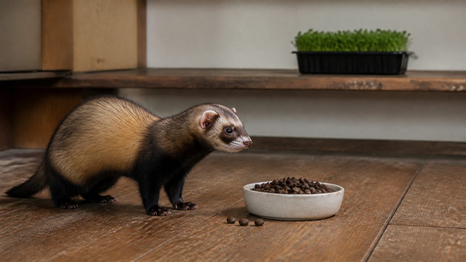 A sable ferret standing alert on a wooden floor beside a shallow ceramic bowl of dark brown kibble, with a small tray of cut green microgreens set well back on a counter behind it, photographed at ferret height in flat indoor light