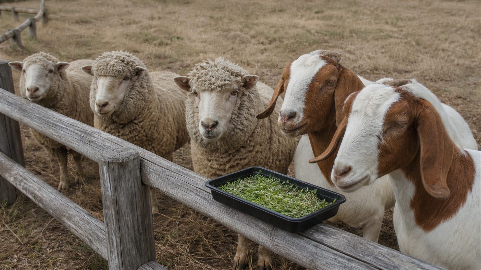 Two brown and white goats and three woolly sheep at a wooden fence line on dry pasture with a shallow black tray of cut green microgreens held over the rail, photographed at animal head height in flat daylight
