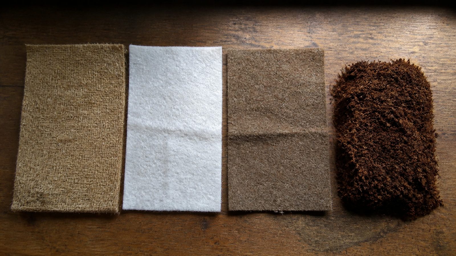 Four growing media laid side by side on a bench in flat daylight, a tan jute fiber mat, a white BioStrate felt pad, a darker brown hemp mat and a loose heap of hydrated coco coir, photographed square on from above with the mat edges parallel