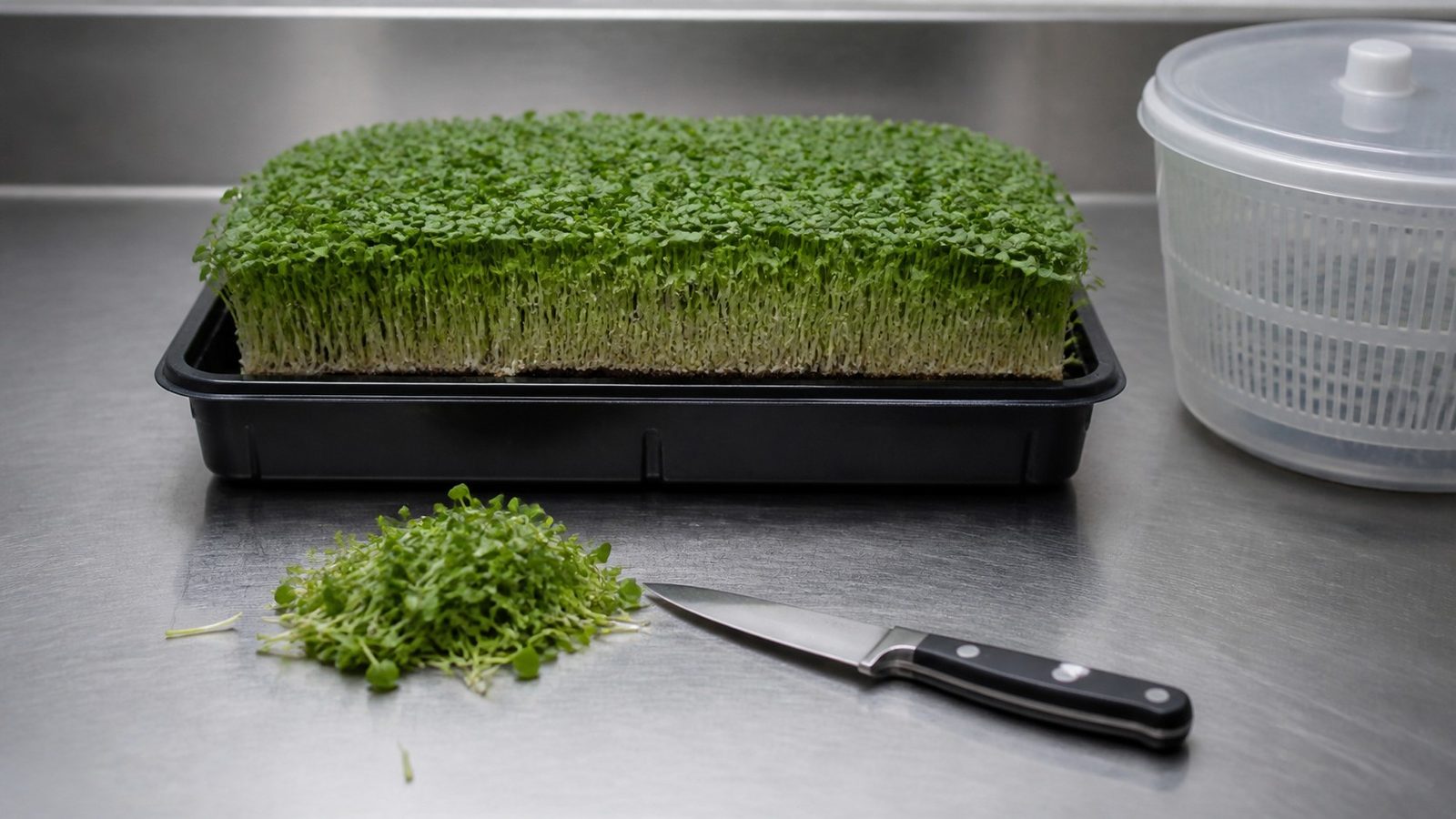 A clean sharp produce knife lying beside a just-cut 1020 tray of microgreens on a stainless bench, with a small salad spinner unopened to one side, photographed level with the bench in flat indoor light
