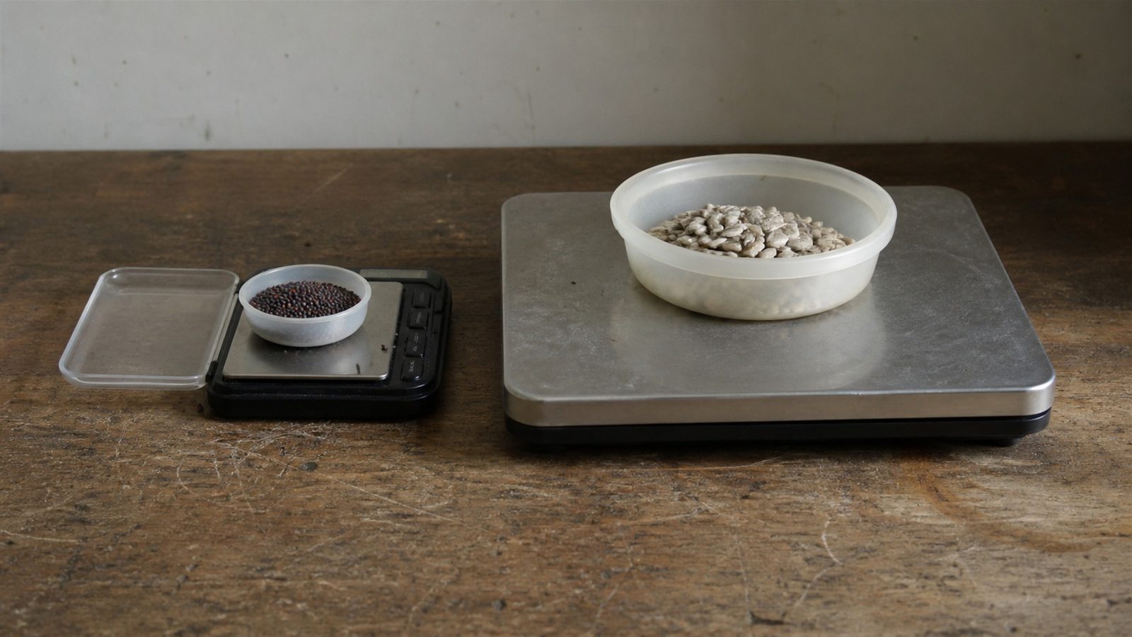 A small digital pocket scale on a bench with a shallow weigh cup of fine dark seed on its platform and a larger flat kitchen scale beside it holding a bowl of pale sunflower seed, photographed side on at bench height in flat indoor light with the displays turned away from the camera