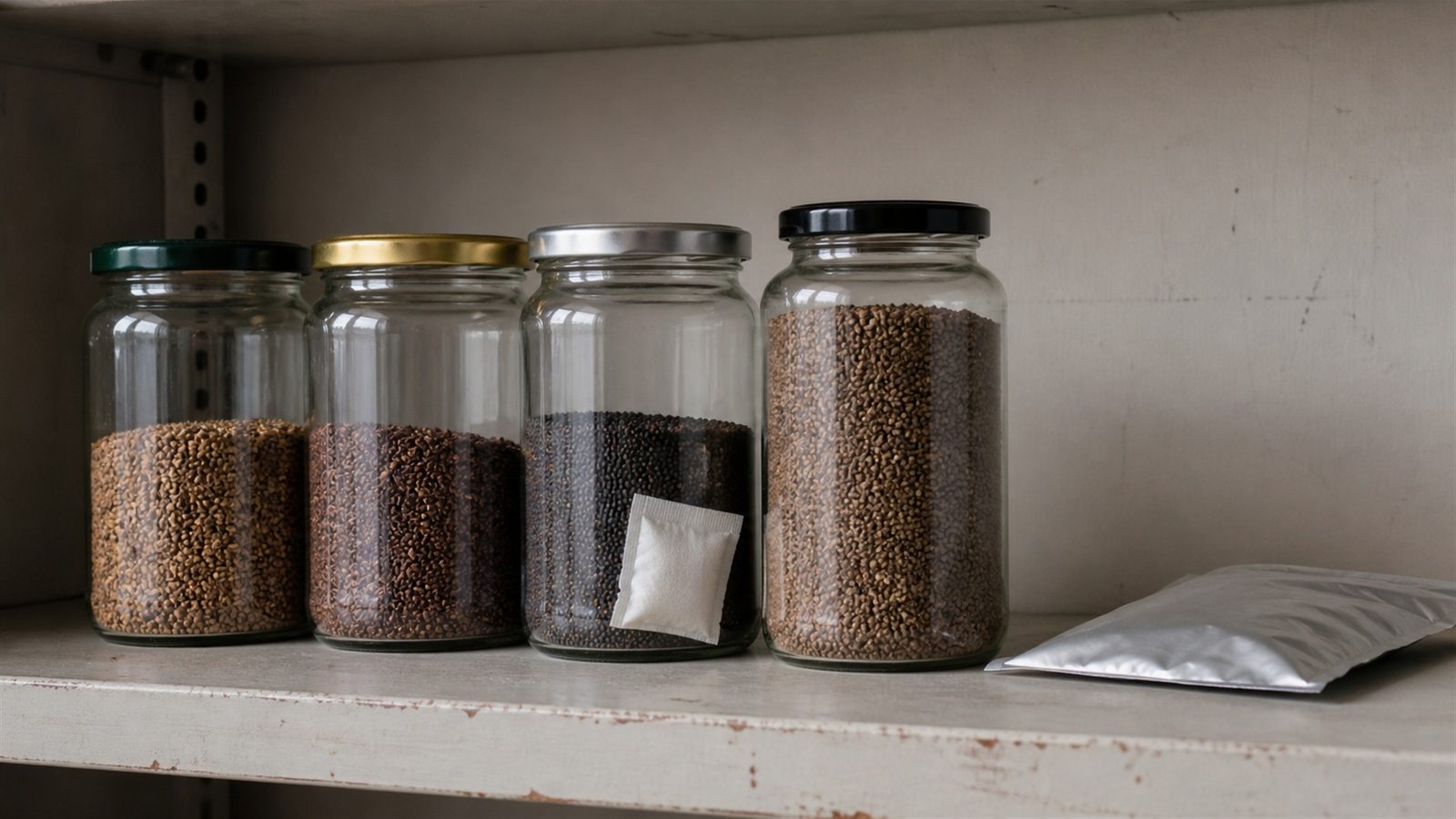 Four glass storage jars holding different microgreen seed on a cool shelf, a small silica gel sachet resting inside one of them and a sealed foil pouch lying flat beside them, photographed side on at shelf height in flat indoor light
