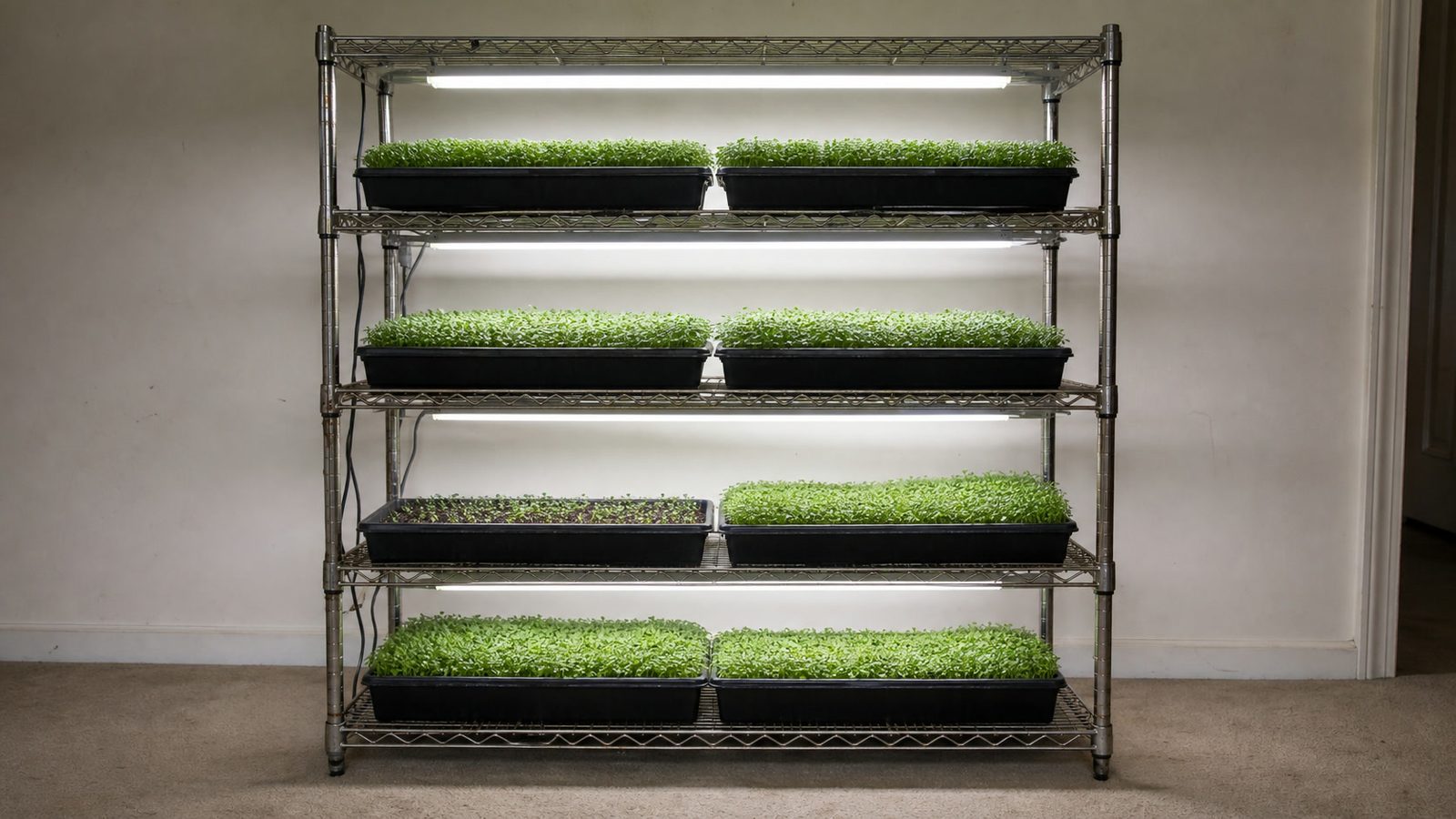 A four tier chrome wire shelving unit holding 1020 microgreen trays with strip lights mounted under each shelf, photographed square on from the front in flat indoor light so the vertical gap between each canopy and the light above it is visible