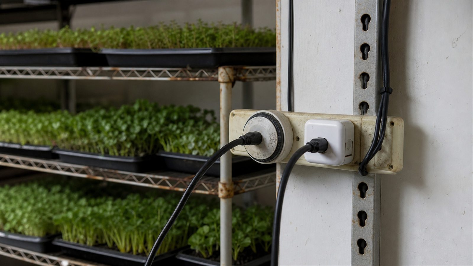 A mechanical dial plug timer and a small square smart plug side by side in a power strip on a shelf upright, with the cord of a grow light running past them and a rack of microgreen trays behind, photographed side on at shelf height in flat indoor light