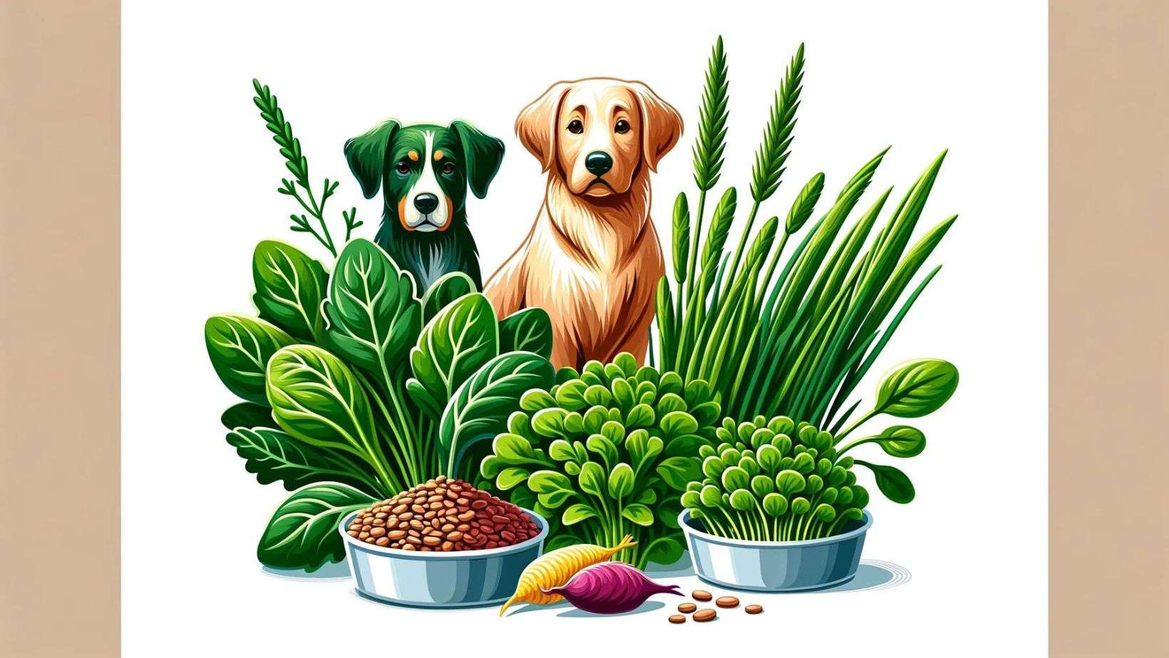 Illustration of a variety of microgreens like kale, spinach, and wheatgrass, symbolizing their nutritional benefits for dogs.