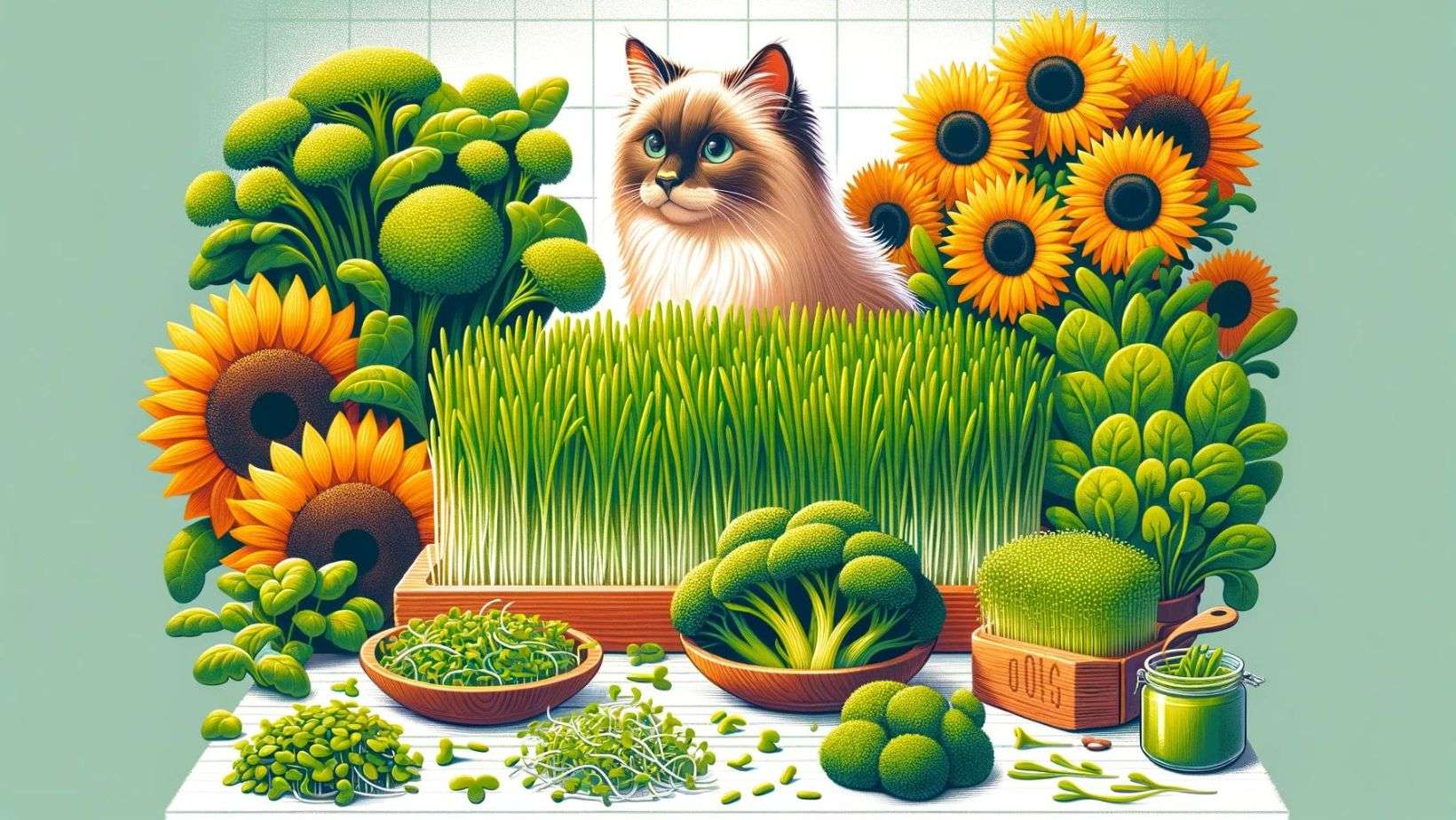 An illustration showing a variety of microgreens like wheatgrass, broccoli, kale, and sunflower, each labeled, surrounding a curious cat exploring the greens.
