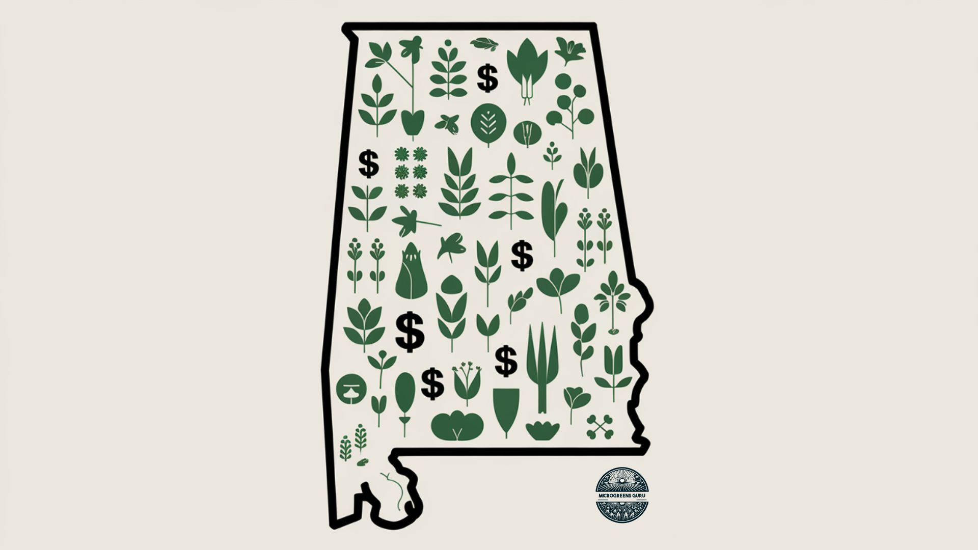 Vector illustration of Alabama state with microgreens representing the selling of microgreens in Alabama.