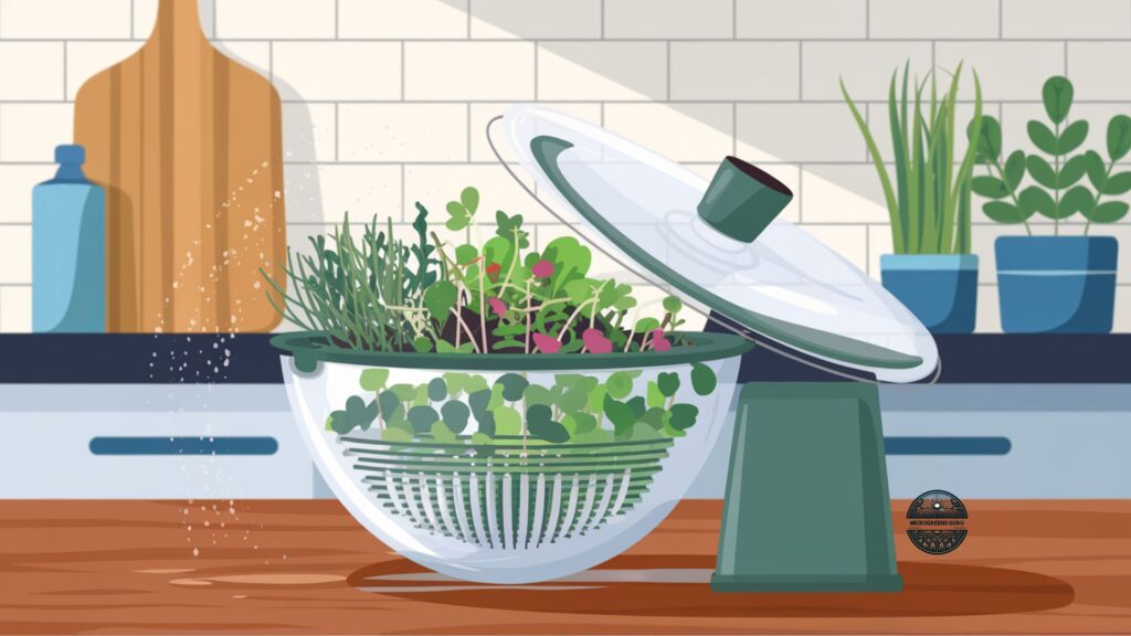 Vector illustration of a salad spinner with microgreens