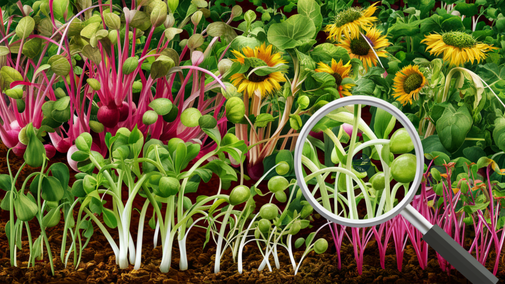 Vector illustration of various microgreens sprouting from soil